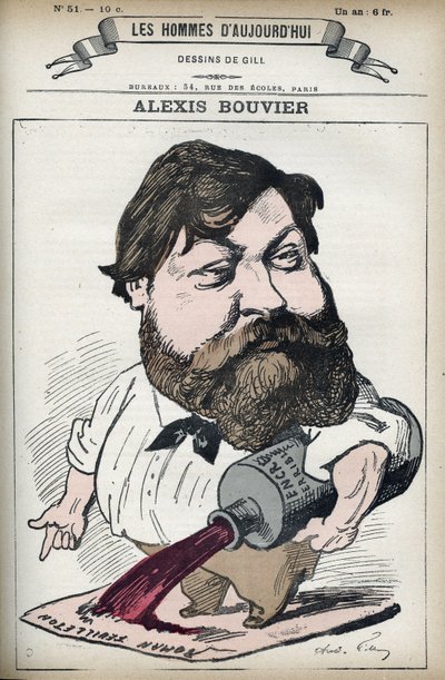 フランスの大衆小説家・劇作家のアレクシス・ブーヴィエ（1836-1892）の肖像。パリのギル社の漫画。 作： Andre Gill