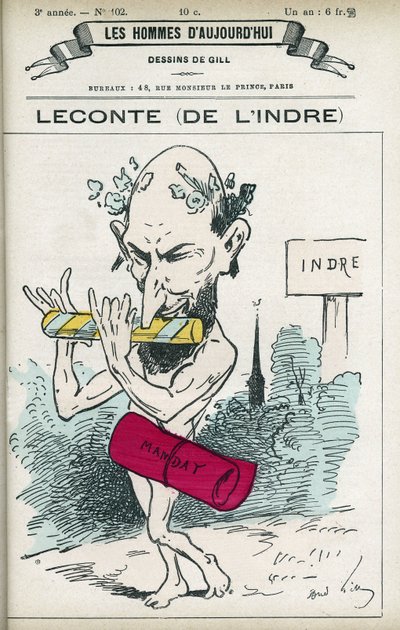 アルフレッド・ルコント（1824-1898）の肖像。フランスの薬剤師、詩人、作詞家、政治家で、1876年から1898年までインドール川の代官を務めた。パリのギル社の漫画。 作： Andre Gill