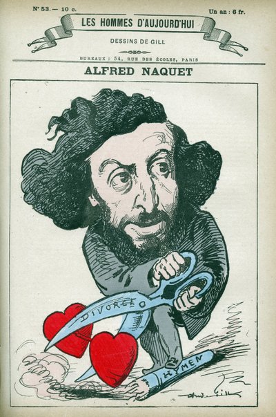 アルフレッド・ナケ（1834-1916）の肖像。彼はフランスの医師、化学者、政治家であり、1884年には離婚を認める法律を再び制定した。パリのギル社による漫画。 作： Andre Gill