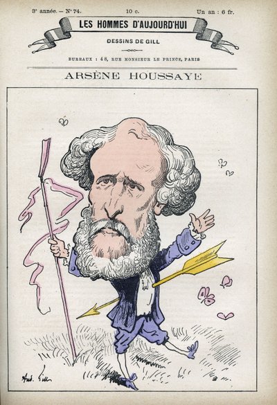 フランスの文学者アルセーヌ・ウッセー（1815-1896）の肖像。ギルによる風刺画、パリ 作： Andre Gill