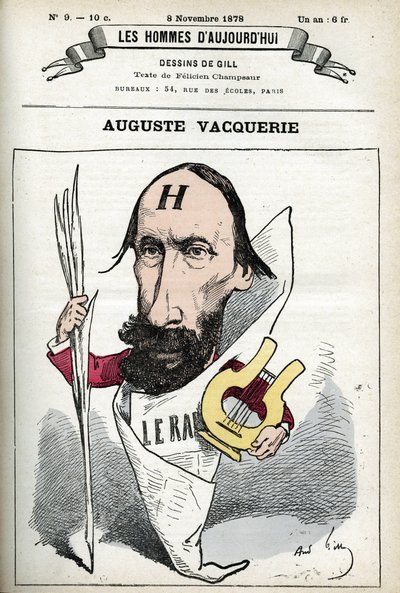 フランスの詩人、劇作家、ジャーナリスト、Auguste Vacquerie (1819-1895)の肖像。パリ、ギルの漫画。 作： Andre Gill