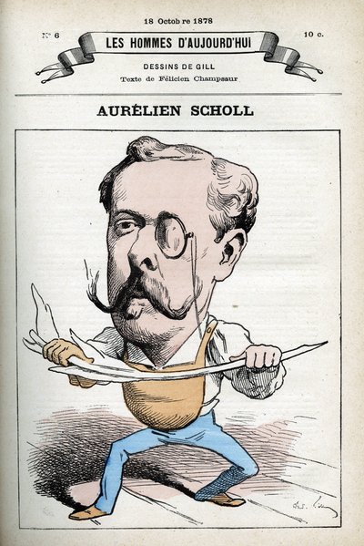 フランスのジャーナリスト、作家、コメディアン、オーレリアン・ショール（1833-1902）の肖像。パリ、ギルの漫画。 作： Andre Gill