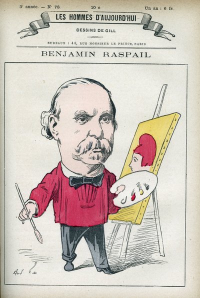 ベンジャミン・ラスパイユ（1823-1899）の肖像。彼はフランスの画家であり、政治家であり、7月14日を国民の祝日とする法律の発端となった人物である。パリ、ギルの漫画。 作： Andre Gill