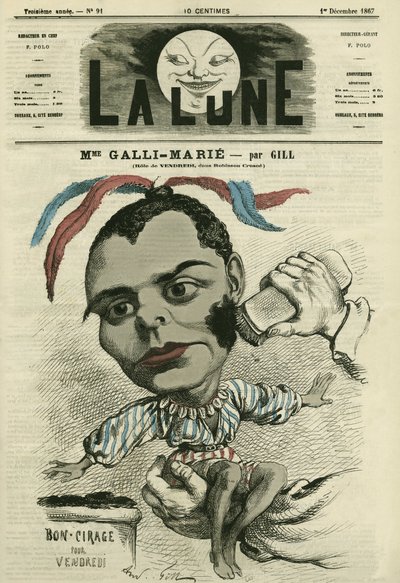 オペラ・コミック座のフランス人歌手、セレスティン・ガリ＝マリー（ガリ・マリー）（1840-1905）の肖像。ギルによる漫画、「La Lune」12月1日号掲載 作： Andre Gill