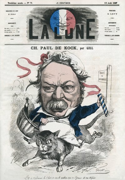 フランスの大衆小説家、シャルル・ポール・ド・コック（1793-1871）の肖像。ギルによる漫画（『月』8月18日付 作： Andre Gill