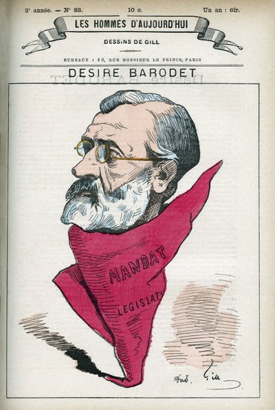 フランスの教師で政治家、1896年から1900年までセーヌ川上院議員を務めたDesire Barodet (1823-1906)の肖像。パリのギル社の漫画。 作： Andre Gill