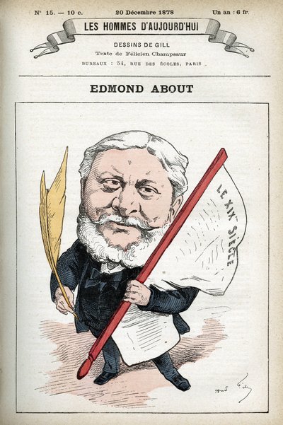 フランスの小説家、劇作家、美術評論家であるエドモンド・アバウト（1828-1885）の肖像。ギルによる漫画、パリ 作： Andre Gill