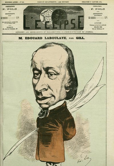 Edouard Rene de Laboulaye (1811-1883)のポートレート。1月17日付ギル社「日蝕」の表紙 作： Andre Gill