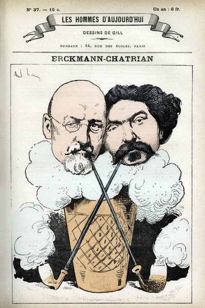 フランスの小説家、エミール・エルクマン（1822-1899）とアレクサンドル・シャトリアン（1826-1890）の肖像。ギルの漫画、『今日の人』（パリ）所収 作： Andre Gill