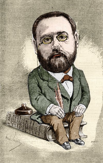 エミール・ゾラ（1840-1902）フランスの作家の肖像。アンドレ・ギルによる「Illustrious World」のための漫画。 作： Andre Gill