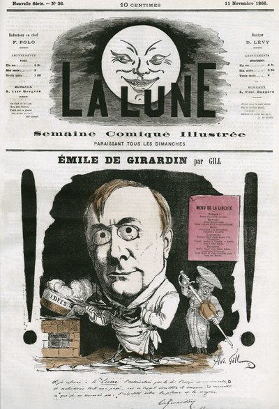 フランスのジャーナリスト、エミール・ド・ジラルダン（1806-1881）の肖像。ギルの漫画（『月』11月号掲載 作： Andre Gill
