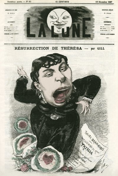 フランスのオペレッタ歌手、Emma Valladon dit Theresa（1837-1913）の肖像。ギルによる漫画（「La Lune」12月15日号掲載 作： Andre Gill