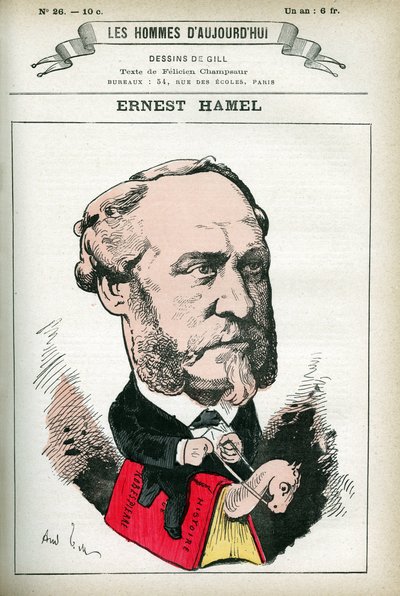 フランスの弁護士・政治家アーネスト・ハメル（1826-1898）の肖像。ギルの漫画、『今日の人』（パリ）所収 作： Andre Gill
