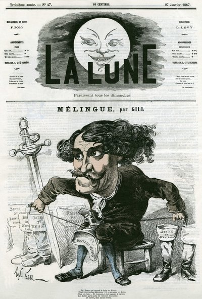 フランスの俳優・彫刻家であるエティエンヌ・マリン・メリンジュ（1808-1875）の肖像。ギルによる漫画（「La Lune」1月27日付 作： Andre Gill