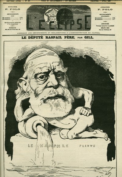 フランスの化学者、医師、政治家であるフランソワ＝ヴァンサン・ラスパイユ（1794-1878）の肖像。4月2日付ギル社「日蝕」の表紙 作： Andre Gill