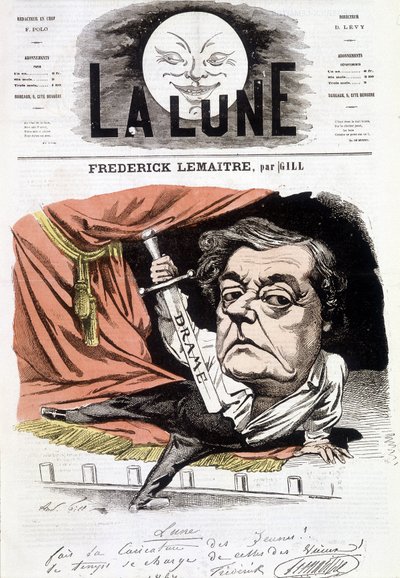 フランスの劇団員、フレデリック・ルメートル（1800-1876）の肖像。6月16日付「La Lune」に掲載されたGillの漫画 作： Andre Gill