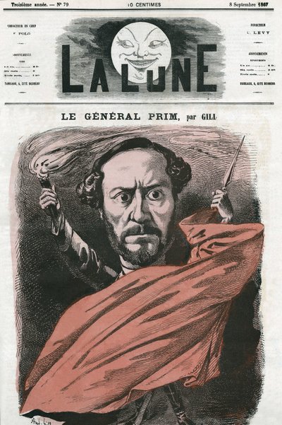 スペインの軍人・政治家であるフアン・プリム将軍（1814-1870）の肖像。ギルの漫画（『月』9月8日付 作： Andre Gill
