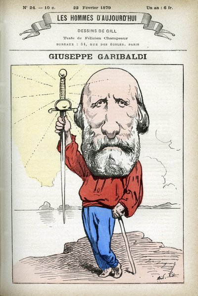 イタリアの政治家Guiseppe Garibaldi (1807-1882)の肖像。ギルによる漫画、『今日の人』（パリ）所収 作： Andre Gill