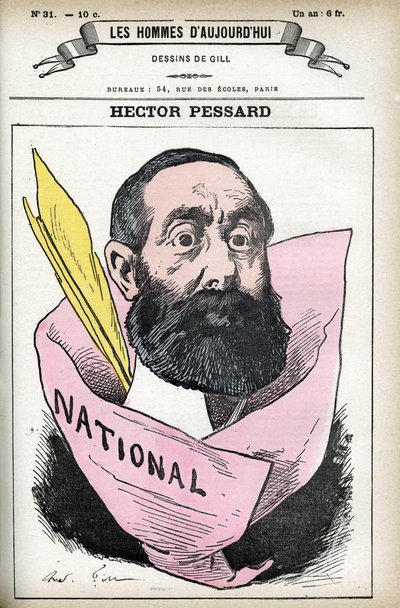 フランスのジャーナリストであり、新聞「ル・ナショナル」のオーナーであるヘクター・ペサールの肖像。パリの「今日の人」に掲載されたギルの漫画 作： Andre Gill