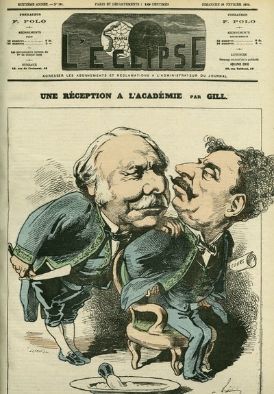 フランスの政治家・外交官であるジョセフ・ドーソンヴィル（1809-1884）とフランスの劇作家・小説家であるアレクサンドル・デュマ・ジュニア（1824-1895）の肖像。表紙は2月25日付ギル社「日蝕」にて 作： Andre Gill