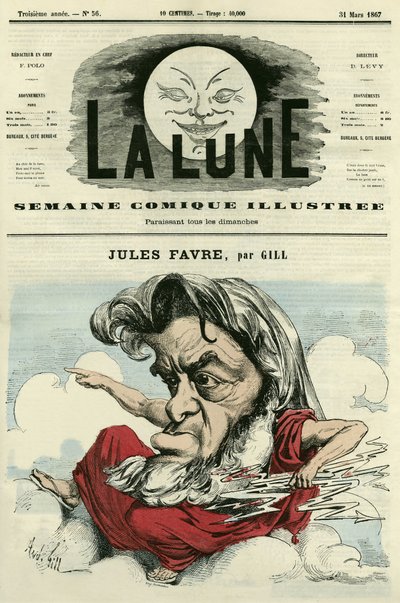 フランスの弁護士・政治家であるジュール・ファーブル（1809-1880）の肖像。ギルによる漫画（『月』3月31日号掲載 作： Andre Gill