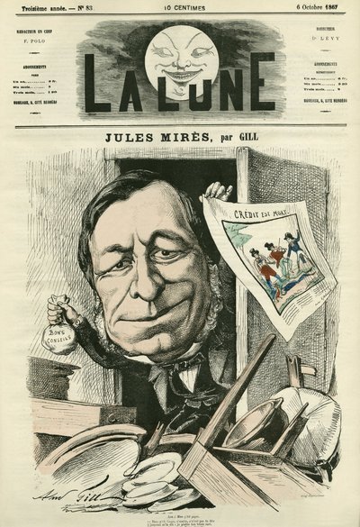 フランスの実業家、ジュール・ミレス（1809-1871）の肖像。ギルによる漫画（『月』10月6日号掲載 作： Andre Gill
