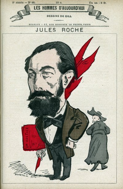 ジュール・ロッシュ（1841-1923）はフランスの政治家で、1890年から1892年まで通商産業省の副大臣や大臣を務めました。パリのギル社による漫画。 作： Andre Gill