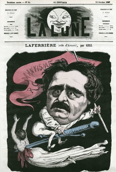 アントニー役のフランス人俳優ラフェリエール(1853-?)の肖像。ギルによる漫画（『月』10月13日号掲載 作： Andre Gill