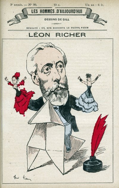 フランスのジャーナリストであり知識人でもあったレオン・リッチャー（1824-1911）の肖像。彼は1882年に「女性の権利を考える会」と「女性の権利を考えるリーグ・フランセーズ」を設立しました。パリのギル社による漫画。 作： Andre Gill