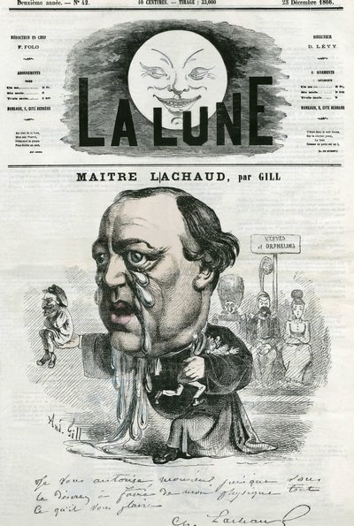 Maitre Charles Lachaud (1817-1882), フランスの弁護士の肖像。ギルによる漫画（「La Lune」12月23日号掲載 作： Andre Gill