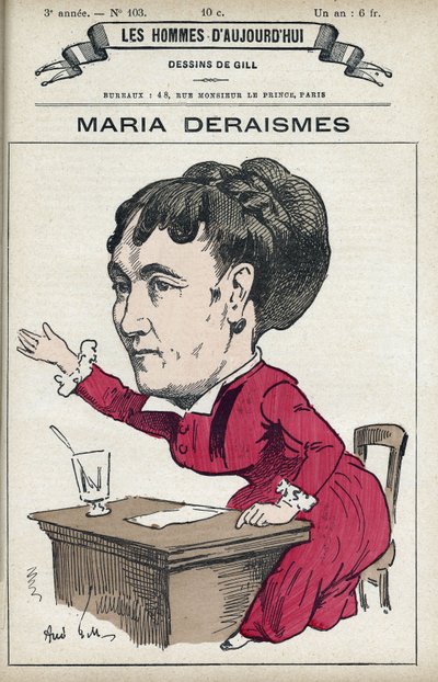 1869年にレオン・リッチャー、ルイーズ・ミッシェル、ポール・ミンクとともに「女性の権利協会」を設立したフランスの女性文学者であり、フェミニストでもあるマリア・デライズ（1828-1894）の肖像。パリのギルによる漫画。 作： Andre Gill