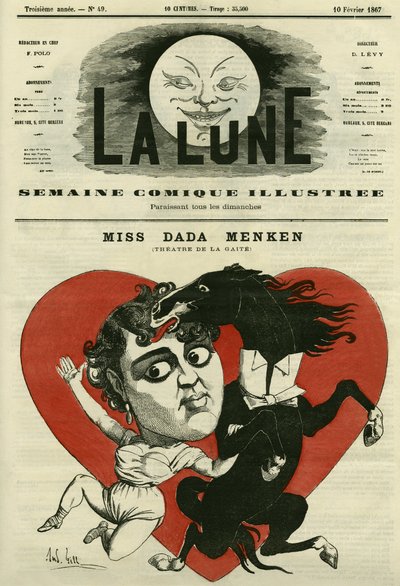 パリのガイテ劇場の歌手、Miss Adah-Isacs Menkenの肖像。ギルの漫画、「月」2月10日号掲載 作： Andre Gill