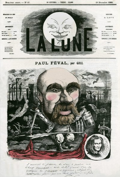 フランスの作家、ポール・フェヴァル（1816-1887）の肖像。ギルによる漫画（「La Lune」12月16日号掲載 作： Andre Gill
