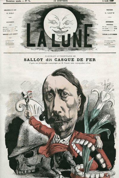 鉄の兜」として知られるサロの肖像。ギルによる風刺画（8月4日付「La Lune」掲載 作： Andre Gill