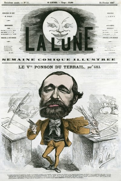 Viconte Ponson du Terrail (1829-1871)の肖像。フランスの大衆作家で、小説・ソープオペラの作者。ギルによる漫画（『月』2月24日号掲載 作： Andre Gill