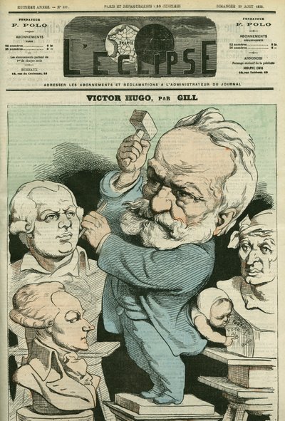 ヴィクトル・ユーゴー（1802-1885）の肖像。8月29日付ギル社「日蝕」の表紙 作： Andre Gill
