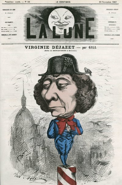 ボナパルト役のフランス人女優、ヴィルジニー・デジャゼ（1798-1875）の肖像。ギルの漫画、「La Lune」11月10日号掲載 作： Andre Gill