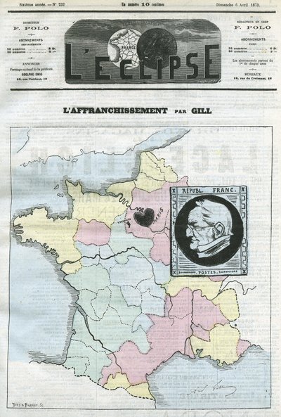 郵便料金、4つのゾーンに分けられたフランスの地図と、共和国大統領アドルフ・ティエール（1797-1877）の横顔が描かれたその切手。4月6日付ジル社「L