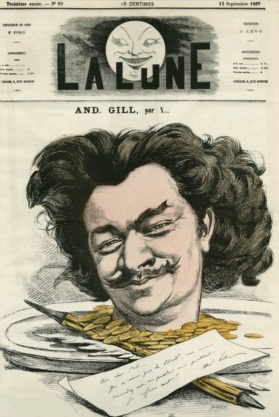 フランスの漫画家・アニメ作家であるLouis-Alexandre Gosset de Guines dit Andre Gill (1840-1885)の自画像。ギルの漫画、『月』9月15日号掲載 作： Andre Gill