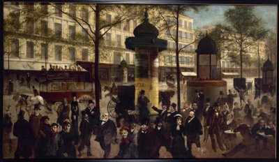 モンマルトル大通りのパノラマと現代パリの著名人のスケッチ、1880年頃（油彩・カンヴァス） 作： Andre Gill