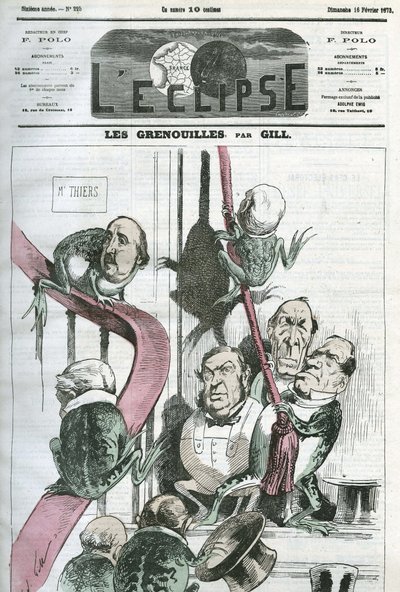 ティアーズ大統領の政府の政治家がカエルになっている漫画「The Frogs」。ギルの「L