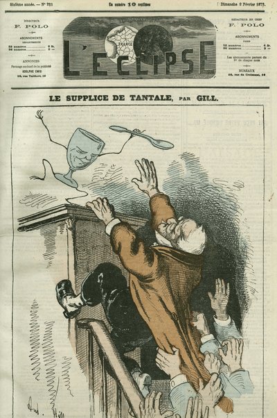 フランスの政治家、アドルフ・ティエール（1798-1874）による風刺画「タンタロスの苦悩」。ギルの「日蝕」2月2日号の表紙 作： Andre Gill