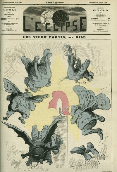 王党派やボナパルティストのようなフランスの古い政党は、共和国の光におびえている。7月23日付ジルの「日蝕」の表紙 作： Andre Gill