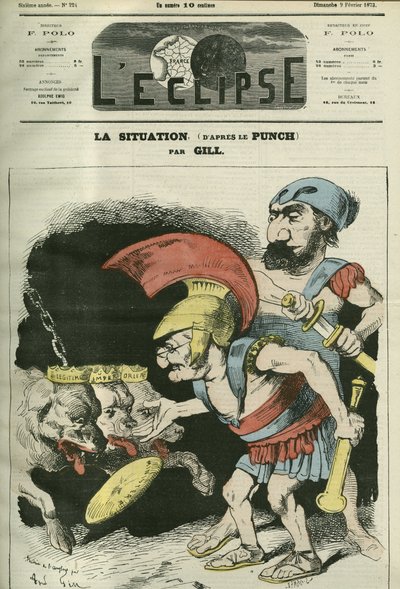 アドルフ・ティエール（1797-1877）とレオン・ガンベッタ（1838-1882）が王党派とボナパルティストの犬に聖職を与えている状況を描いた漫画。2月9日付ジルの「L