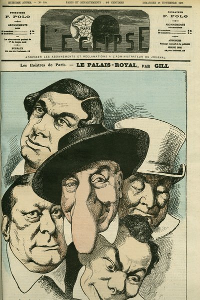Geoffroy、Jules Brasseur（1829-1890）、Hyacinthe、Lassouche、Lheritierなどのフランス人俳優が出演する劇場「Le Palais royal」。11月28日付ギル社「日食」の表紙 作： Andre Gill