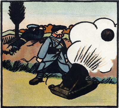 第一次世界大戦1914-1918（14-18）：爆弾発射装置。大砲で敵に爆弾を飛ばすフランス兵。Alphabet of the Great War 1914-1916 (for the children of our soldiers)』のエングレーヴィング。ベルジェ＝ルヴロー版 作： Andre Helle