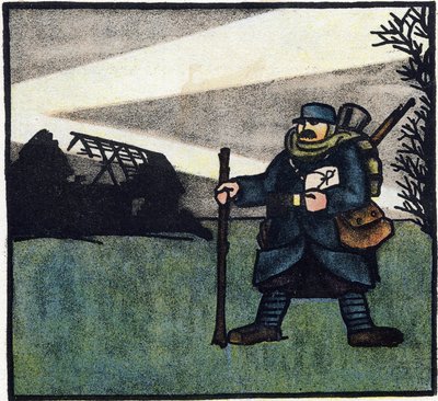 第一次世界大戦1914-1918（14-18）：毛深い。リュック、バッグ、ライフルを背負った軍服姿のフランス軍兵士の肖像。Alphabet of the Great War 1914-1916 (for the children of our soldiers)』のエングレーヴィング。ベルジェ＝ルヴロー版 作： Andre Helle