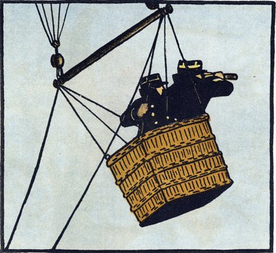 第一次世界大戦1914-1918（14-18）：捕虜となった気球に乗って敵を発見しようとするフランス軍の観測隊員（観測所）。Alphabet of the Great War 1914-1916 (for the children of our soldiers)』のエングレーヴィング。ベルジェ＝ルヴロー版 作： Andre Helle