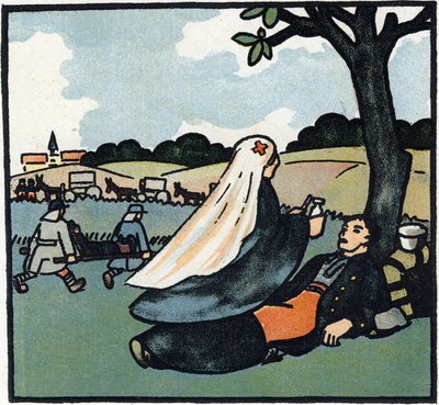 第一次世界大戦1914-1918（14-18）：戦地まで兵士の看護に来た赤十字の看護婦。Alphabet of the Great War 1914-1916 (for the children of our soldiers)』のエングレーヴィング。ベルジェ＝ルヴロー版 作： Andre Helle