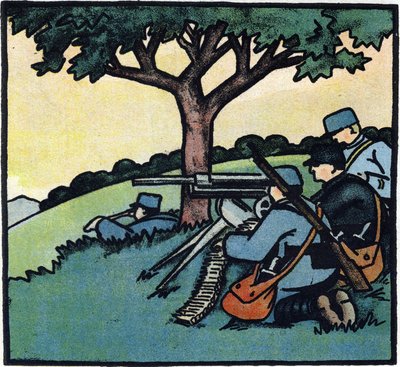 第一次世界大戦1914-1918（14-18）：戦場で機関銃を使用するフランス軍の兵士たち。Alphabet of the Great War 1914-1916 (for the children of our soldiers)』のエングレーヴィング。ベルジェ＝ルヴロー版 作： Andre Helle
